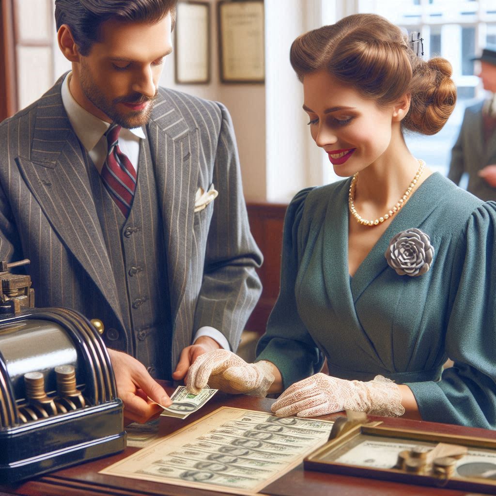 Create a scene set in the 1940's of a lovely young woman in period dress making a deposit with her b Making a bank deposit