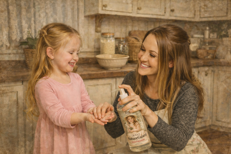 image of a mom putting a chitosan based hand protectant on her little one, trusting in the antimicrobial powers of nature.