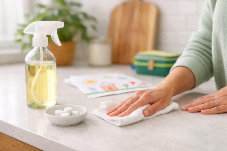 image of a woman wiping down her countertop using clo2 formula.