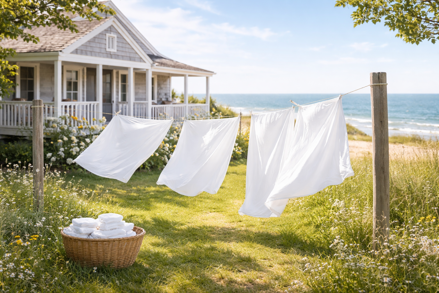An Image of white sheets gently drying in a breeze off the ocean.