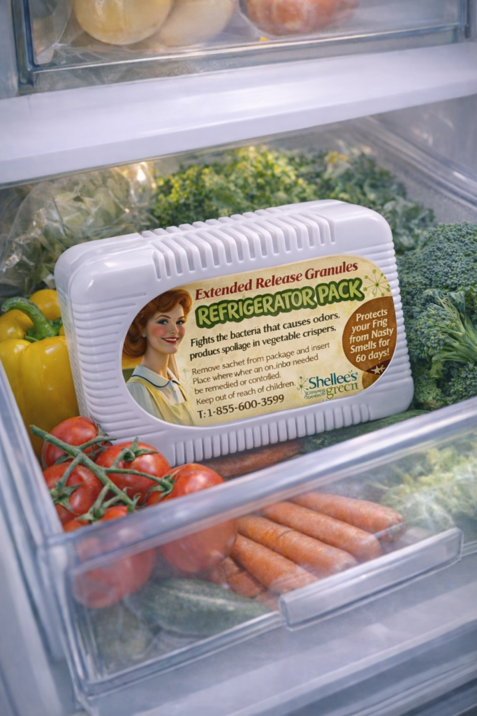 refrigerator starter kit inside a crisper drawer providing freshness against mold formation.