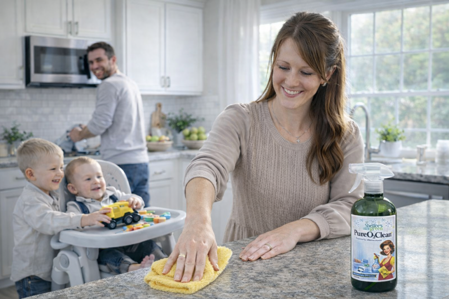 why moms love it Modern mom cleaning with CLO2 while baby sits and his highchair and Dad is cooking