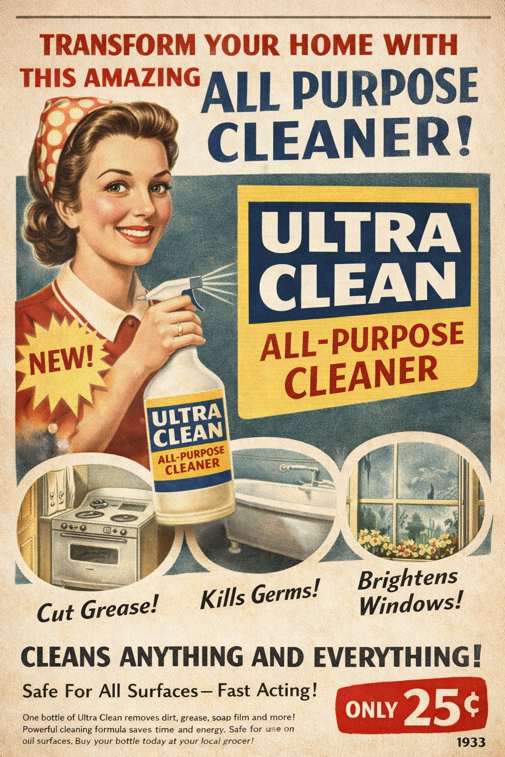 Vintage-style 1933 advertisement for an all-purpose cleaner featuring a smiling housewife holding a spray bottle labeled “Ultra Clean,” with retro typography promoting a cleaner that cuts grease, kills germs, brightens windows, and “cleans anything and everything.”