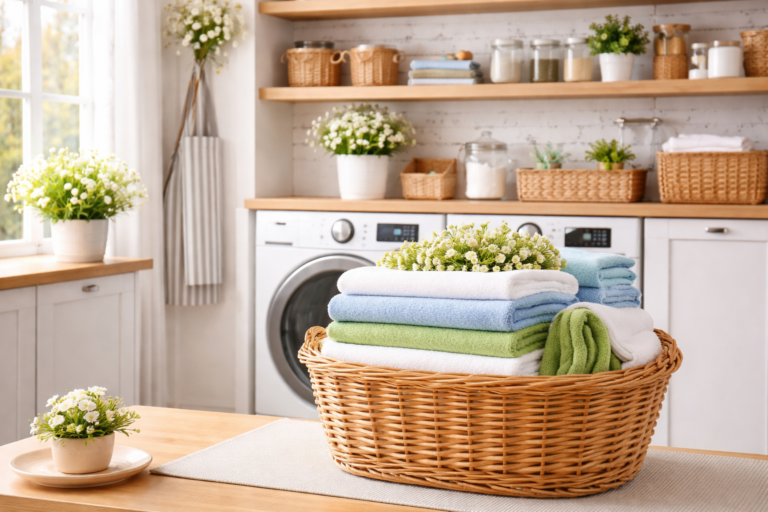 Bright, modern laundry room with a soft cottage-core aesthetic featuring a wicker basket filled with neatly folded white, green, and blue towels in front of a washer and dryer, surrounded by natural wood shelves, glass jars, and fresh flowers.