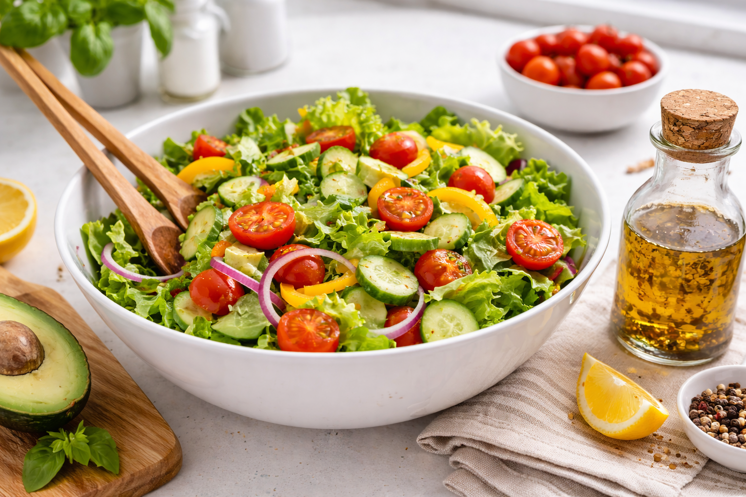 Bright, fresh salad in a white bowl filled with crisp green lettuce, cherry tomatoes, sliced cucumbers, red onion, yellow bell peppers, and avocado, sitting on a clean white countertop beside a glass jar of homemade oil and vinegar dressing, ready to be served.