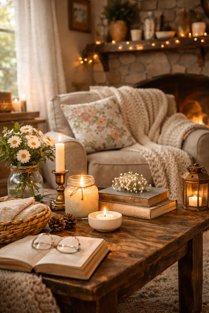 Cottage-core living room reading corner with burning candles, books, and soft lighting, representing a calm natural home environment and traditional ways people create pleasant indoor scents.
