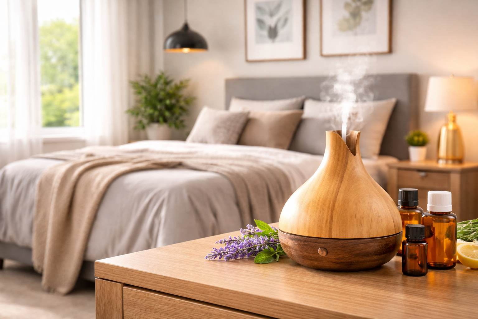 Essential oil diffuser on the bureau of a clean modern bedroom.