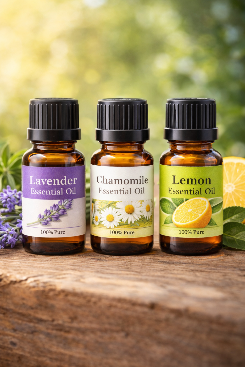 image of essential oils on a wooden table.