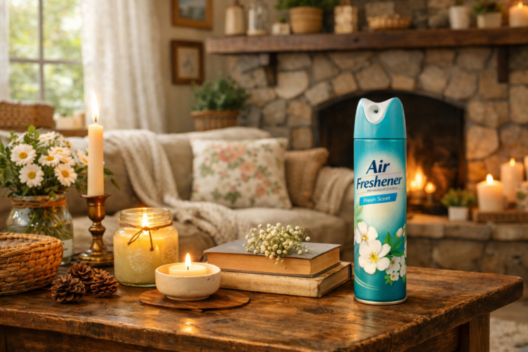 Cottage-core living room with burning candles and an air freshener spray can on a wooden table, symbolizing the difference between natural home scents and synthetic fragrance products.