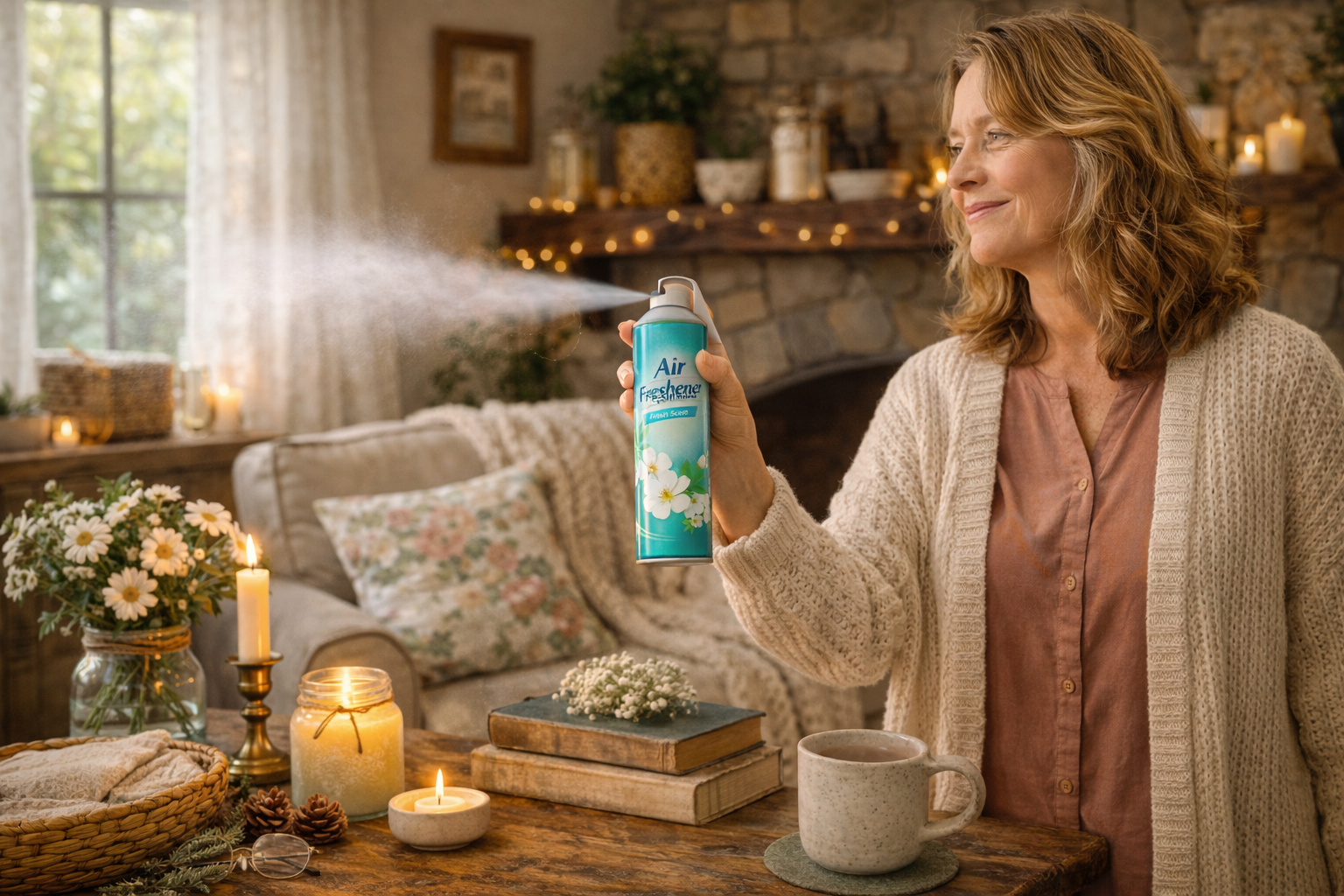 woman spraying room spray and breathing in toxins that companies aren't required to tell you are in these air fresheners.