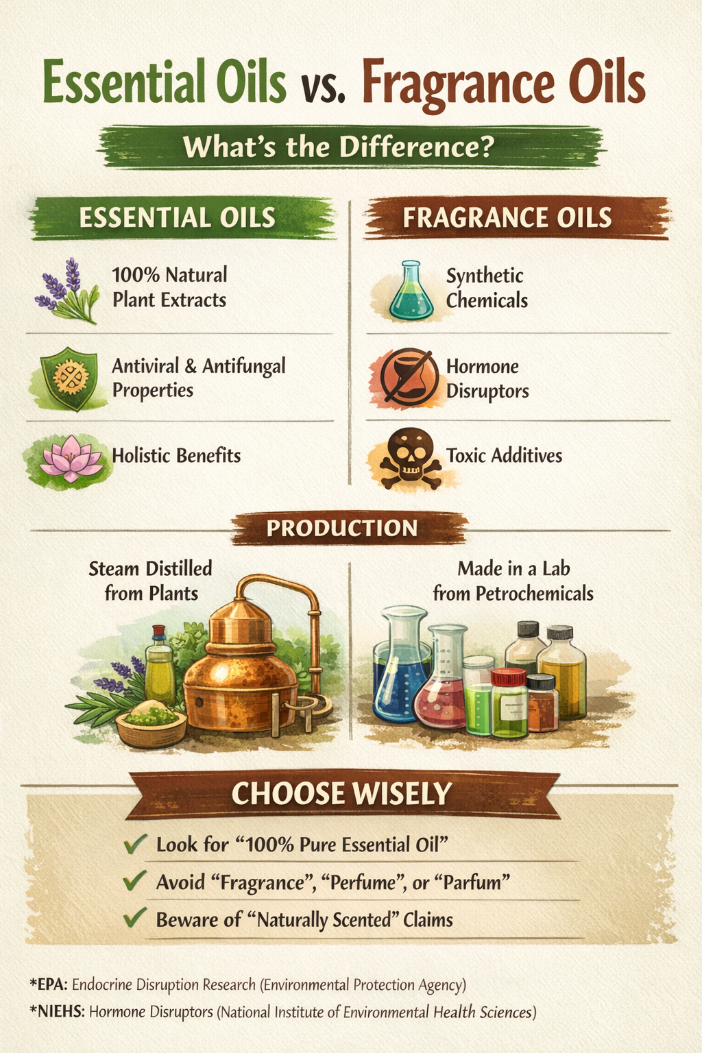 infograph of essential oils vs fragrance oils side by side. 