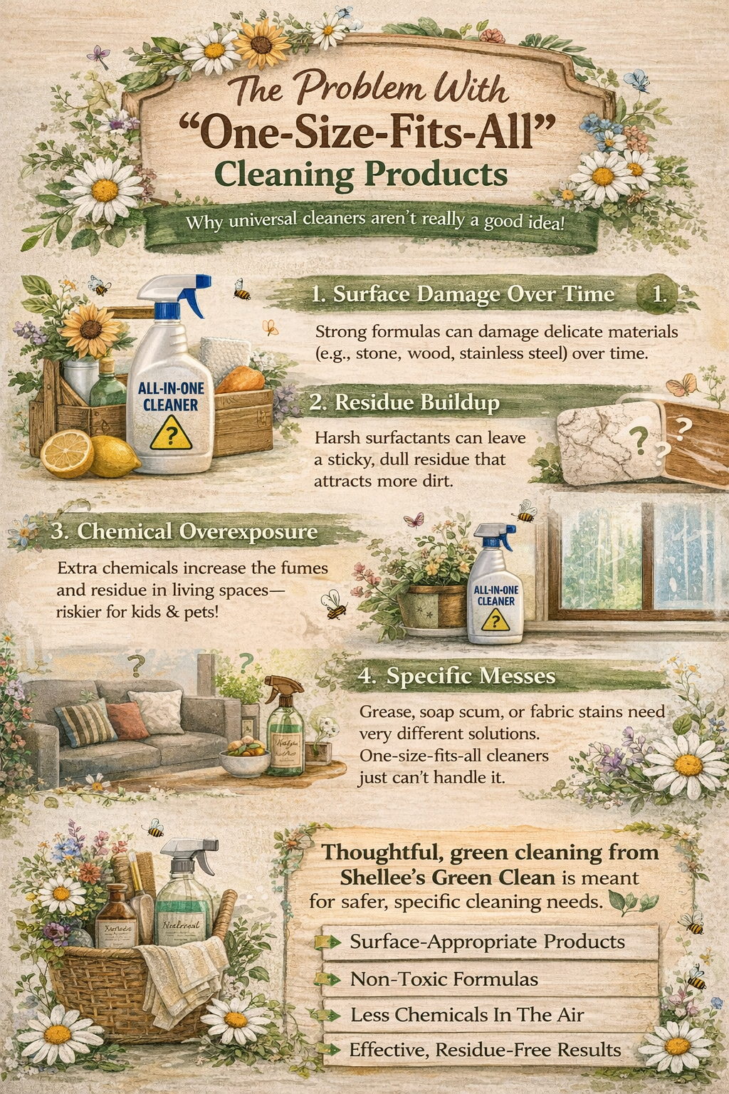 Cottagecore-style infographic titled “The Problem With One-Size-Fits-All Cleaning Products,” decorated with daisies and garden illustrations, explaining issues like surface damage, residue buildup, chemical exposure, and why thoughtful green cleaning solutions are safer and more effective.
