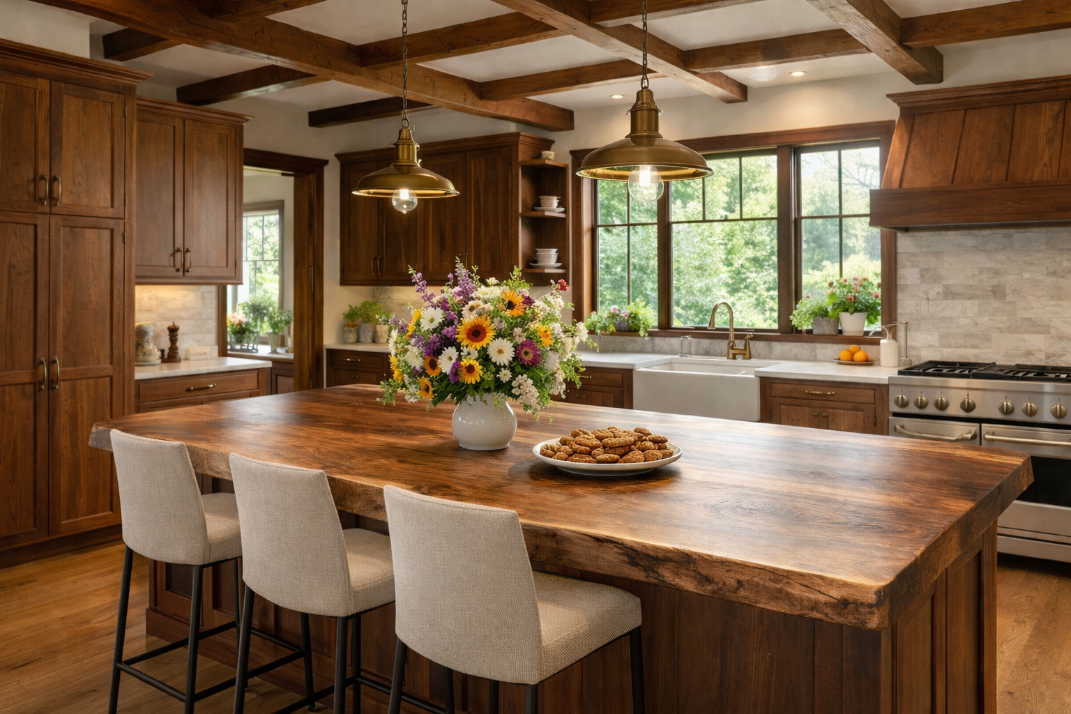 Modern European-style kitchen with walnut cabinets, exposed ceiling beams, and a large live-edge wood island with modern bar stools, a vase of fresh garden flowers, and a plate of cookies creating a warm, welcoming home atmosphere.