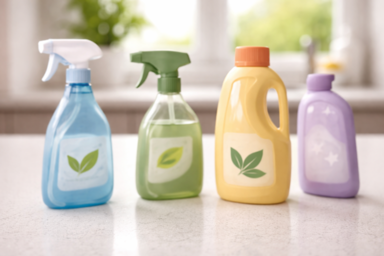 Close-up of household cleaning product bottles with blurred labels on a kitchen counter in natural light