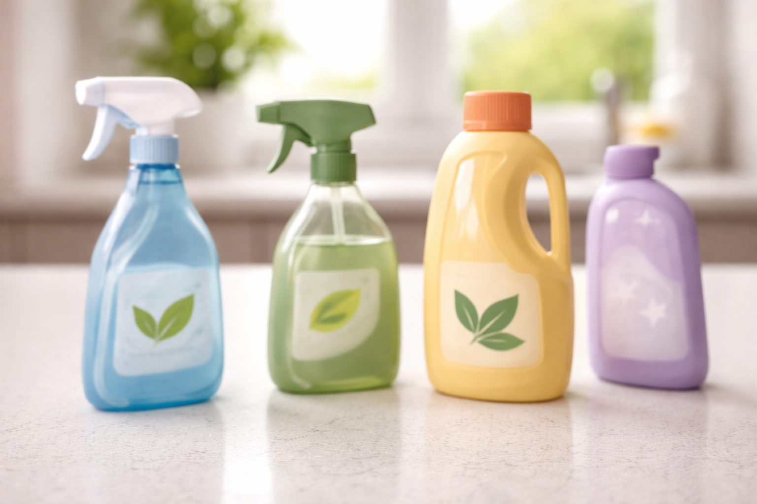 Close-up of household cleaning product bottles with blurred labels on a kitchen counter in natural light