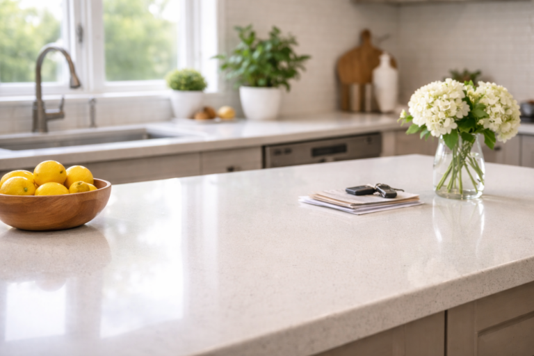 A bright family kitchen with clean counters and natural light, showing a visually spotless countertop in the foreground with subtle emphasis on everyday use, realistic home setting, warm neutral tones