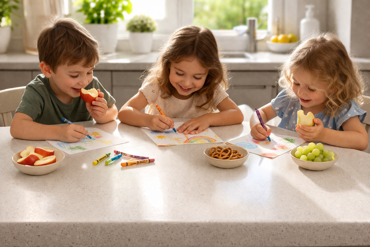 Children eating and coloring at a kitchen counter with direct skin contact on the surface, highlighting the importance of truly clean surfaces