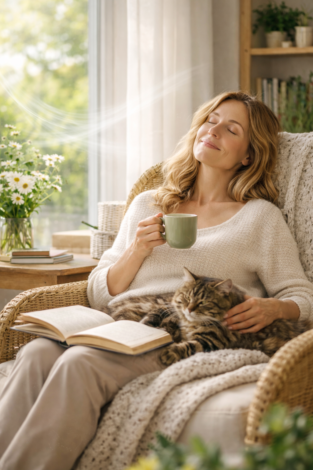 Woman relaxing in a cozy sunlit reading nook, holding a cup of tea with a cat in her lap, eyes closed enjoying fresh, clean air