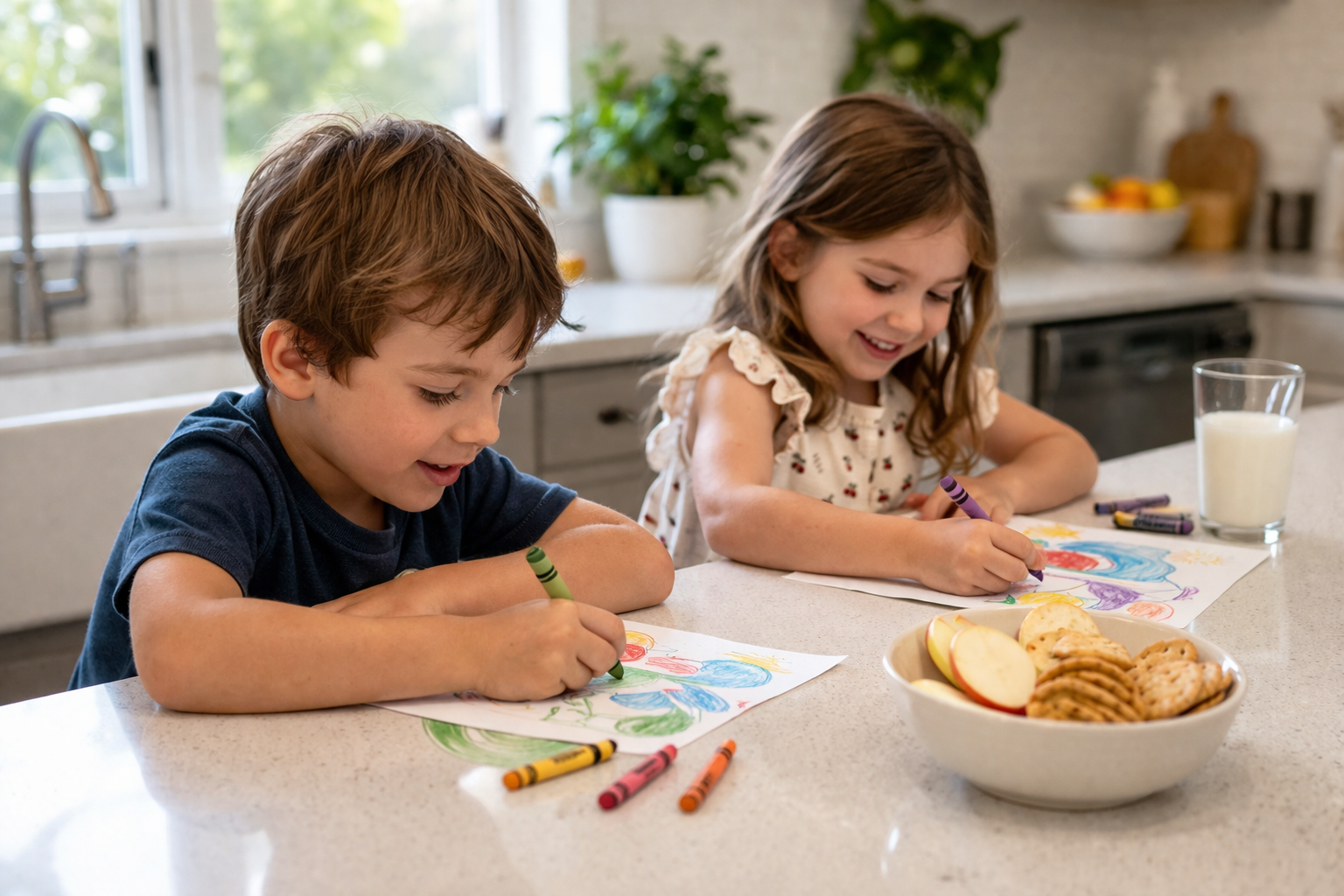 Children sitting at a kitchen island eating snacks and coloring with their arms resting on the countertop, bright natural light, modern family kitchen, realistic home scene,
