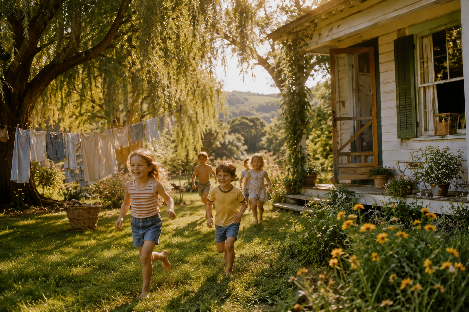 Children playing outside near an old farmhouse with open windows and fresh air, representing nostalgic healthy home living and connection to nature