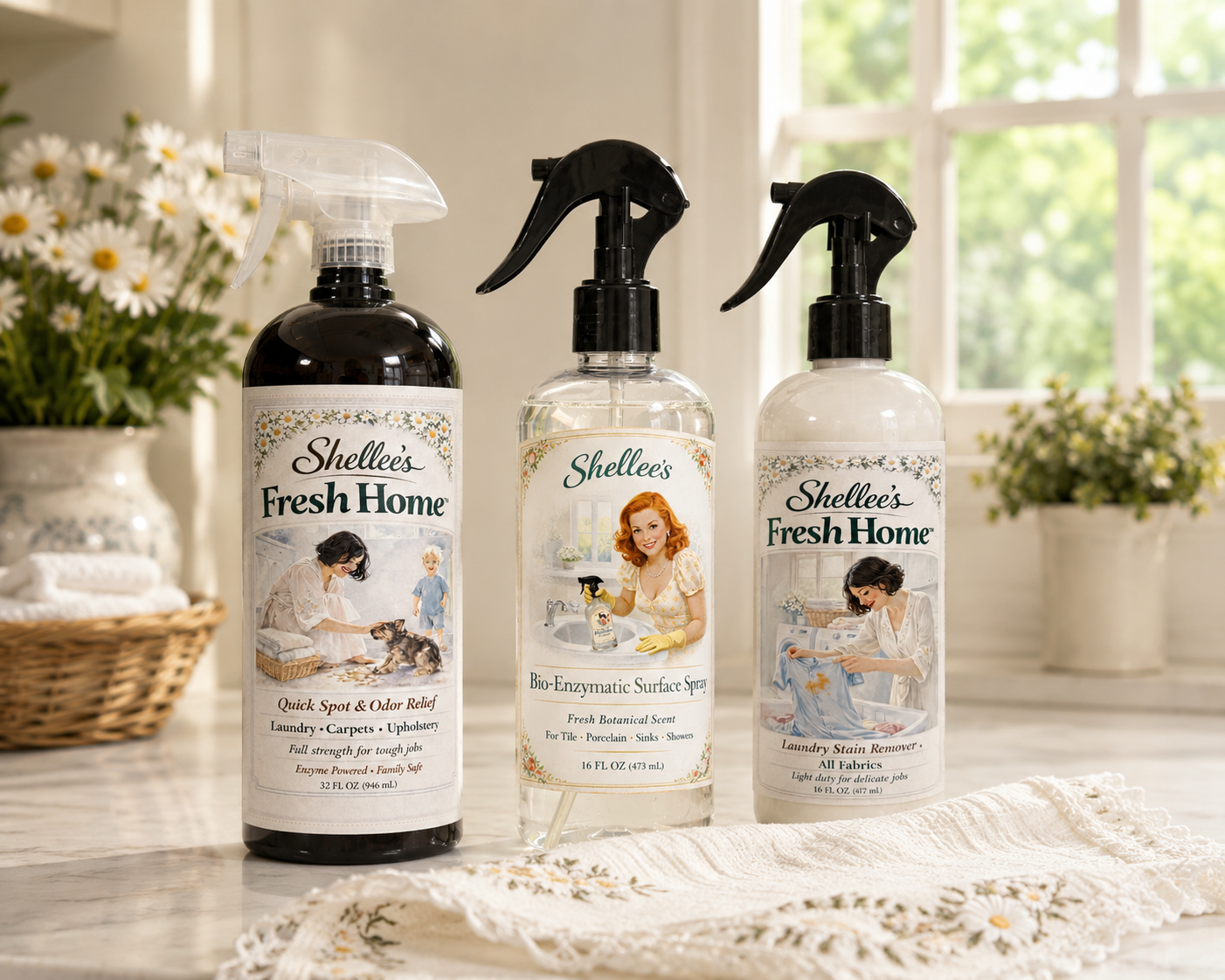 image of three enzyme products sitting on a brightly lit countertop with a towel laying infront of them.