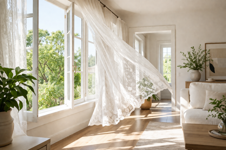 Sunlit modern home interior with open windows and lace curtains blowing inward, representing fresh airflow and indoor air quality