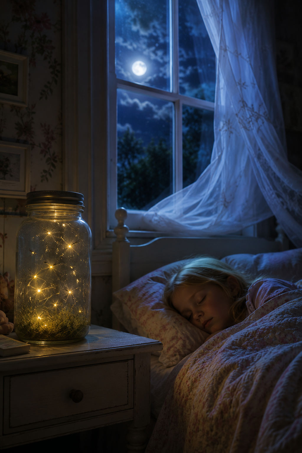 a child sleeping under the moonlight by the flire flies she caught that night.