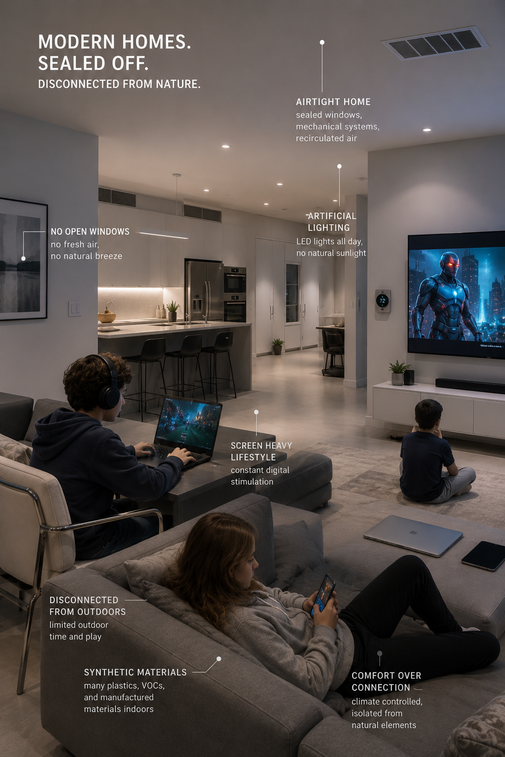 image shows how modern homes are sealed off and kids don't get outside.