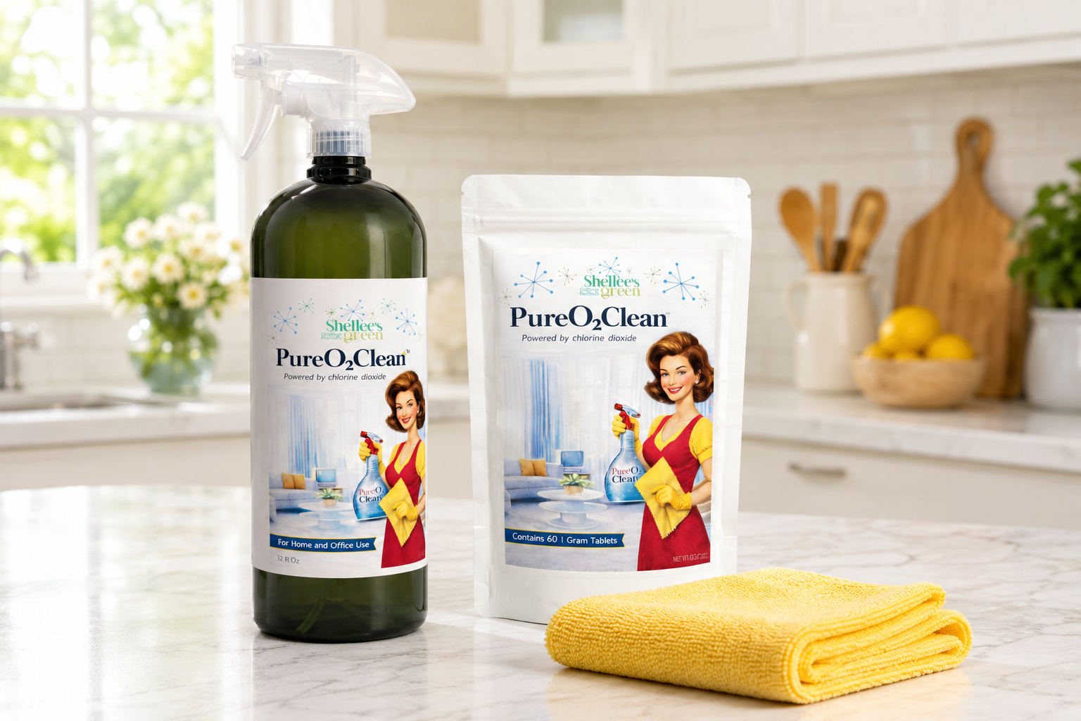 Shellee’s PureO2Clean chlorine dioxide spray bottle and refill pouch displayed on a bright kitchen countertop beside a folded yellow microfiber cloth in a clean sunlit kitchen environment