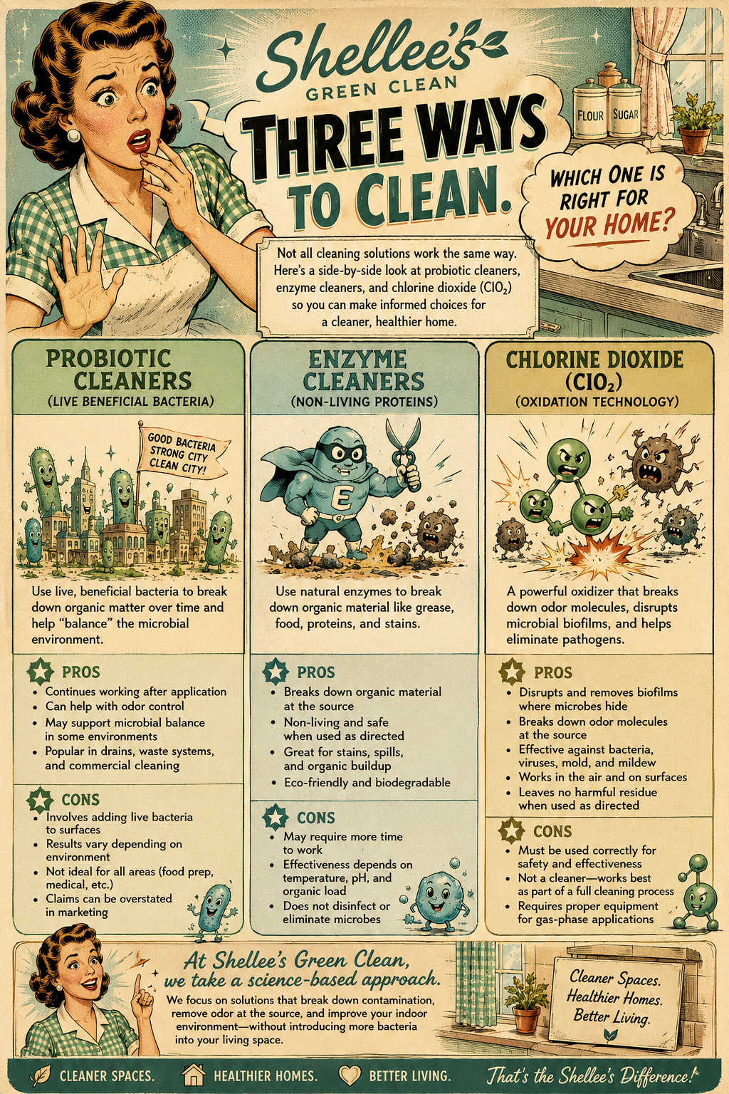 infograph showing the three different types of cleaners that break down the biome of microscopic organisms.
