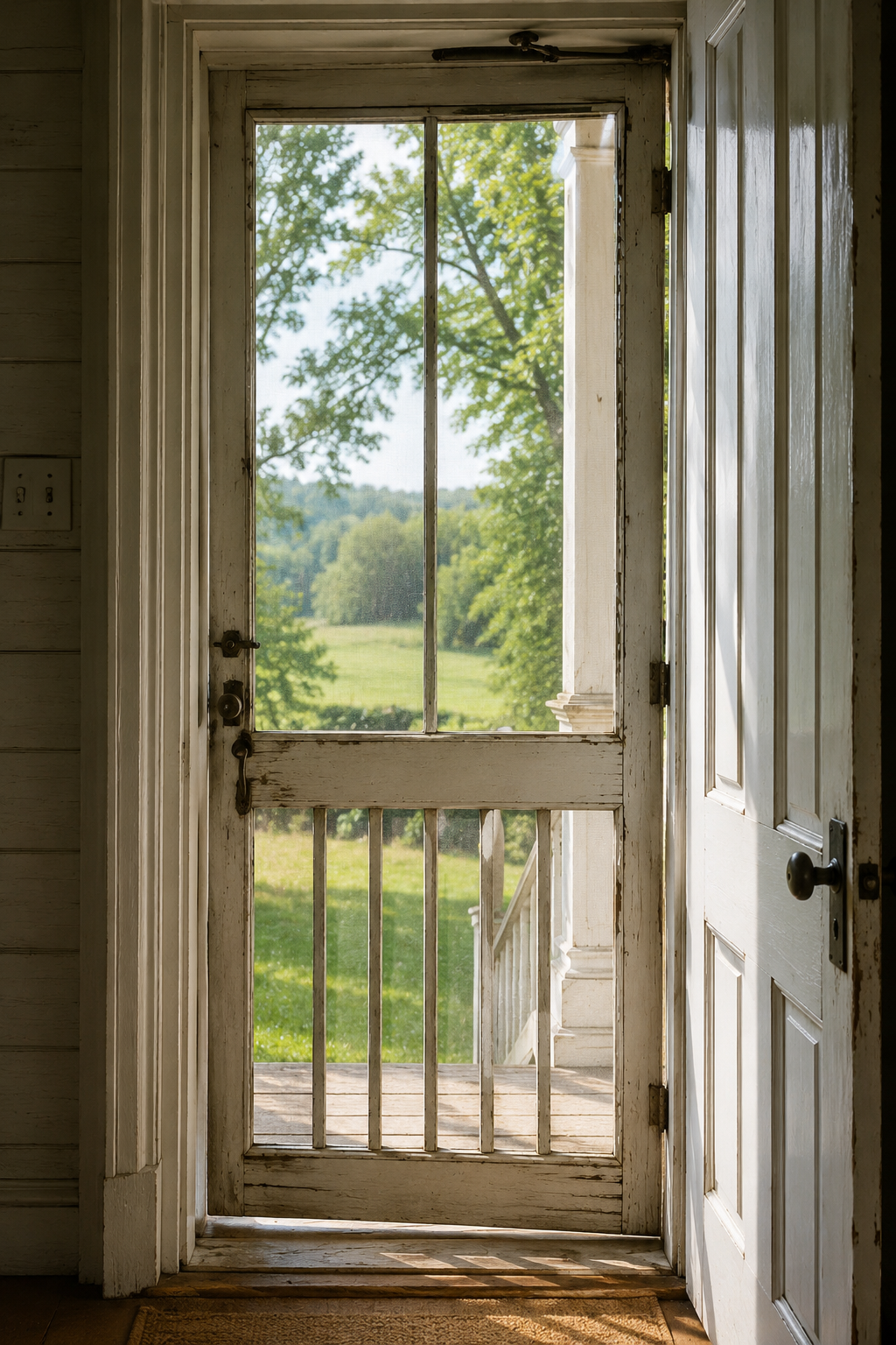 image of a screen door being open, letting fresh air in and stale air out. 