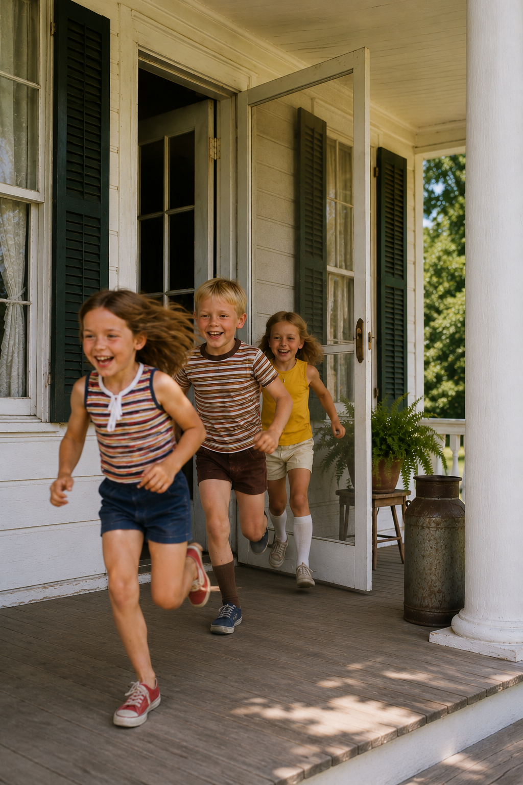 image of three children playing and running out through the screen door on a bright sunny day, with happiness and child like play.