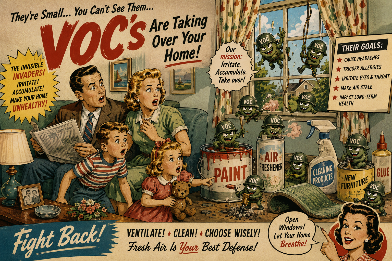 Vintage 1950s poster showing a surprised family in their home as cartoon VOC “invaders” emerge from paint, cleaning products, and air fresheners, illustrating indoor air contamination