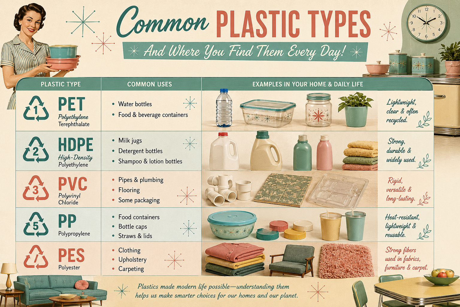 A simple guide to the plastics we encounter every day—from water bottles and food containers to clothing and carpeting. This infographic helps homeowners understand where plastics are commonly used and how small, informed choices can support a cleaner, healthier living environment."