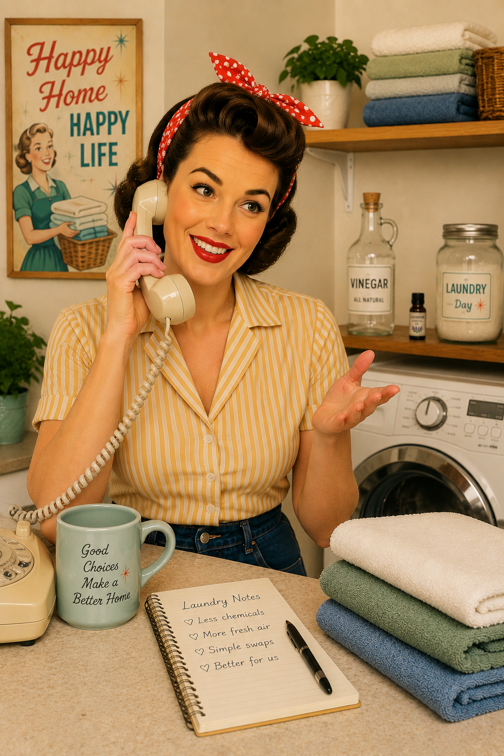 Retro-inspired woman smiling while talking on the phone in a cozy laundry room, with folded towels, vinegar, and lavender essential oil nearby.