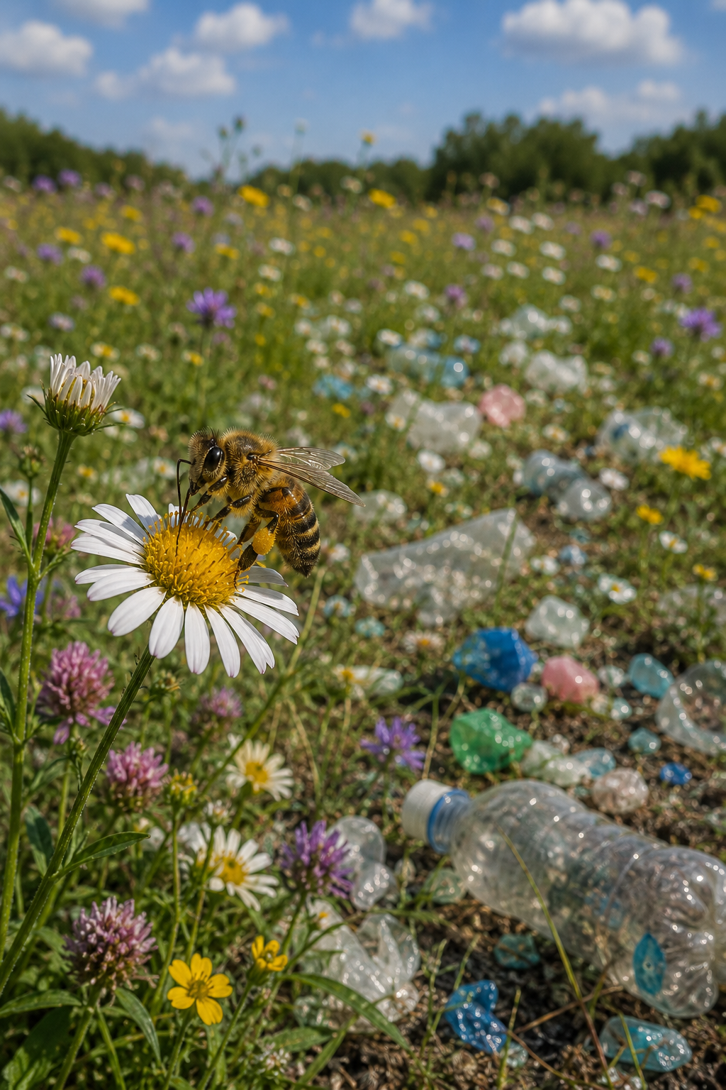 a honey bee collecting pollen from a daisey that is growing up through a field of plastic waste.