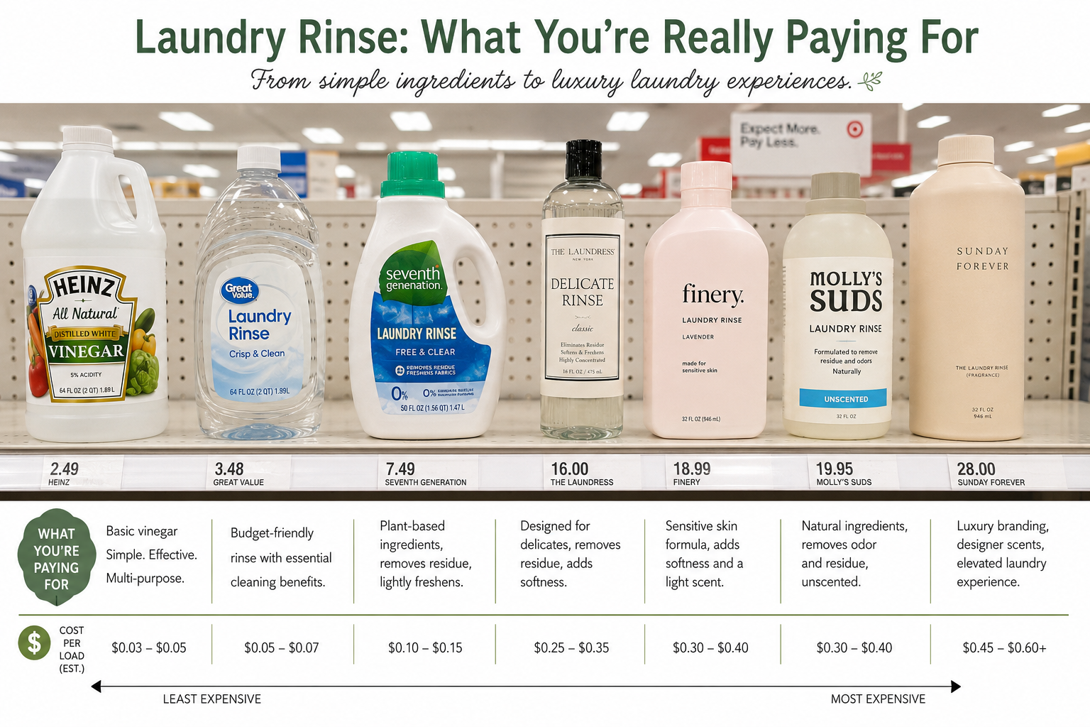 an image showing a laundry rinse line-up from cheapest to most expensive.