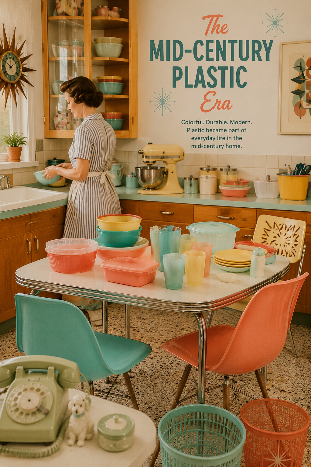 Mid-century modern kitchen filled with colorful household plastic products popular in the 1950's and 1960's