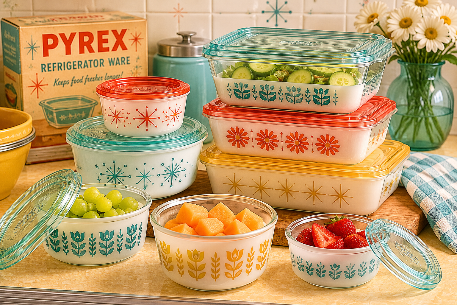 image of vintage pyrex glass refrigerator ware storing food.