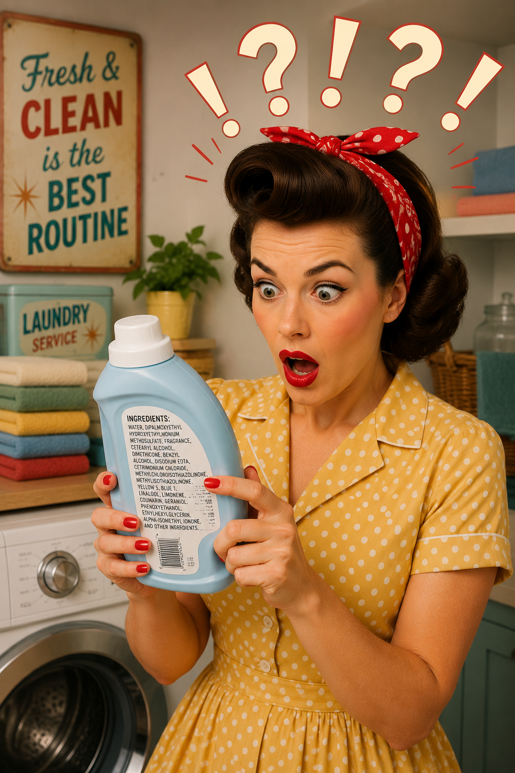 a retro modern woman reading the ingredient list on the back of a fabric softener bottle