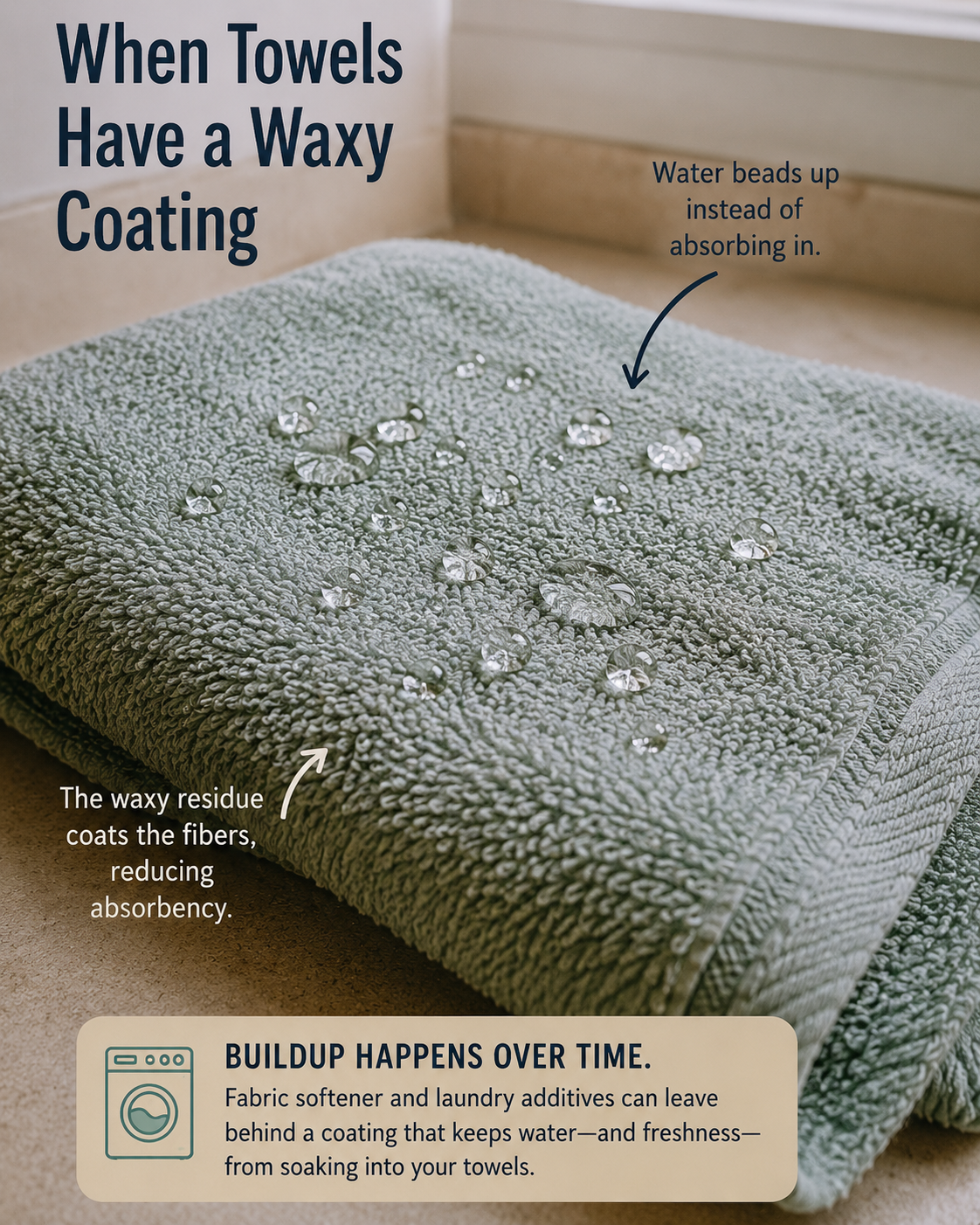 a green towel with a waxy build up showing how it repells water instead of absorbing water
