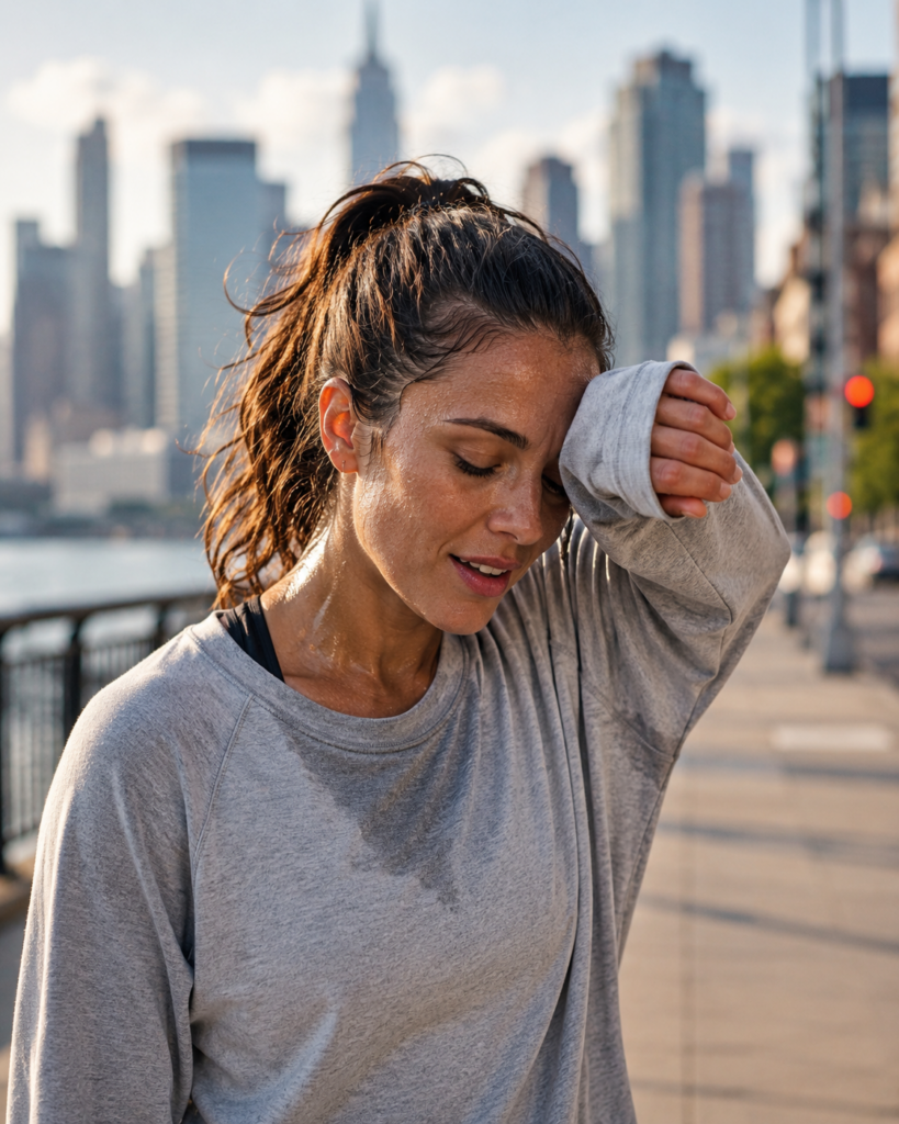 Image of a woman who is wearing workout attire and sweating, wiping her forehead with her arm sleeve