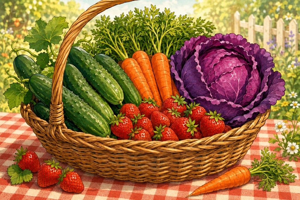 Harvest basket on gingham cloth