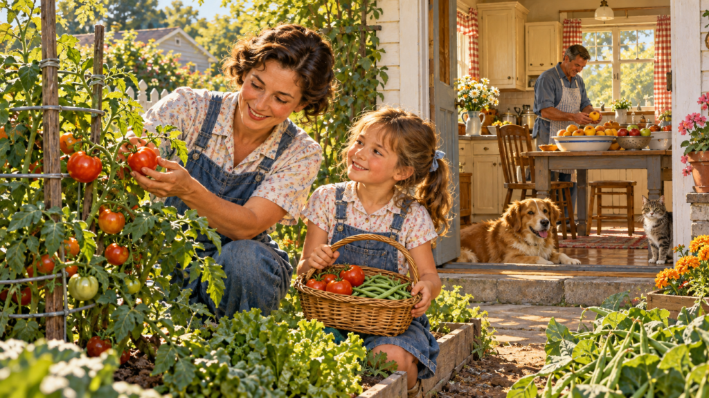 A Woman and girl pick tomatoes from the garden while a man cuts peaches in the kitchen. A dog and a cat sit in the doorway watching