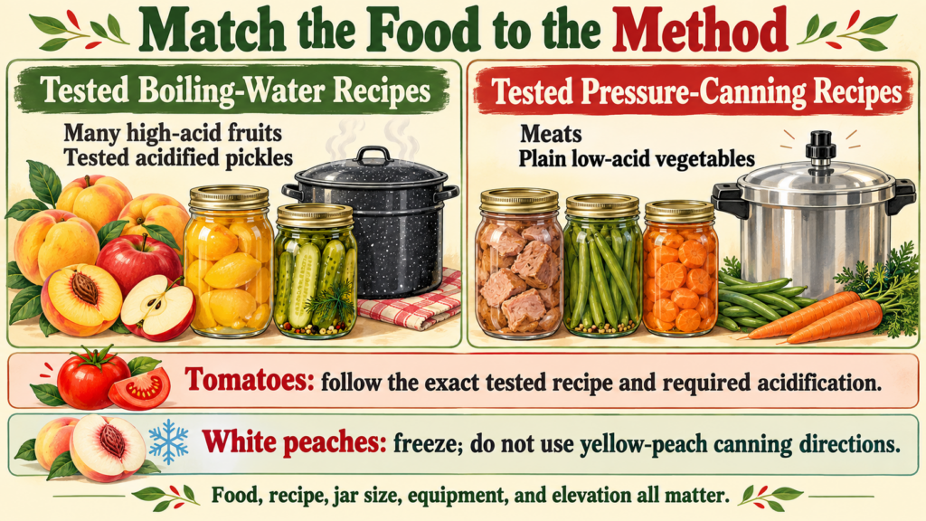 Home canning infographic comparing tested boiling-water recipes for high-acid fruits and pickles with pressure-canning recipes for meats and low-acid vegetables, plus tomato acidification and white-peach freezing notes