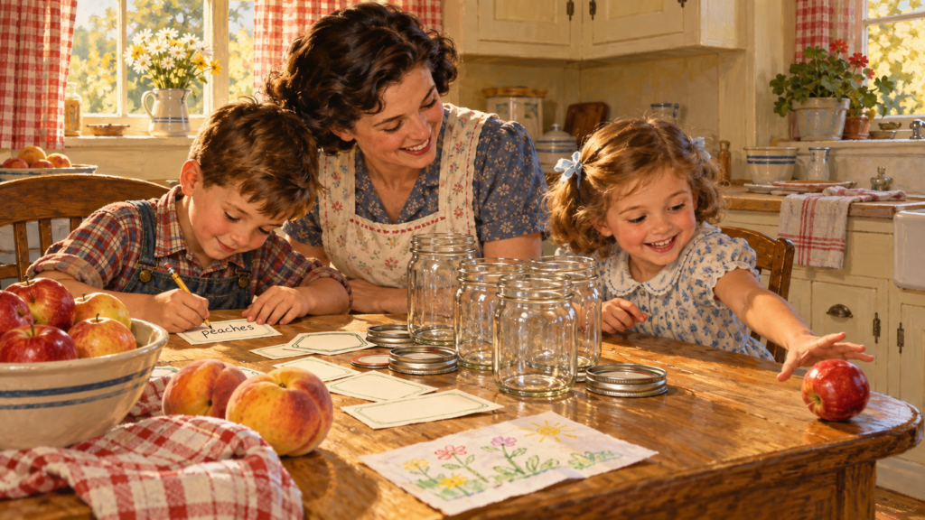 Let the Children Help With the Memory Imagine a 1950s kitchen with gingham curtains, a mother in a cotton apron, and two children who have taken the labeling job very seriously. One apple rolls toward the edge of the table. Someone catches it. There is a laugh, a pencil with a worn eraser, and a small dispute over who gets to write “peaches.” That is the kind of scene worth bringing into the present: children included in work they can safely do, with an adult close by and something useful being made. Make room for age-appropriate jobs away from the stove. A child can count cool empty jars, sort sound produce under supervision, make labels, draw the garden, or help record which foods the family likes. They can also see that a task has a beginning and an end. Gather the ingredients. Do the work carefully. Clean up. Put things where they belong. The kitchen does not need to become a perfect picture. It needs to make room for real people. Some of the dearest memories are made beside a bowl of apples while everyone is doing something ordinary together