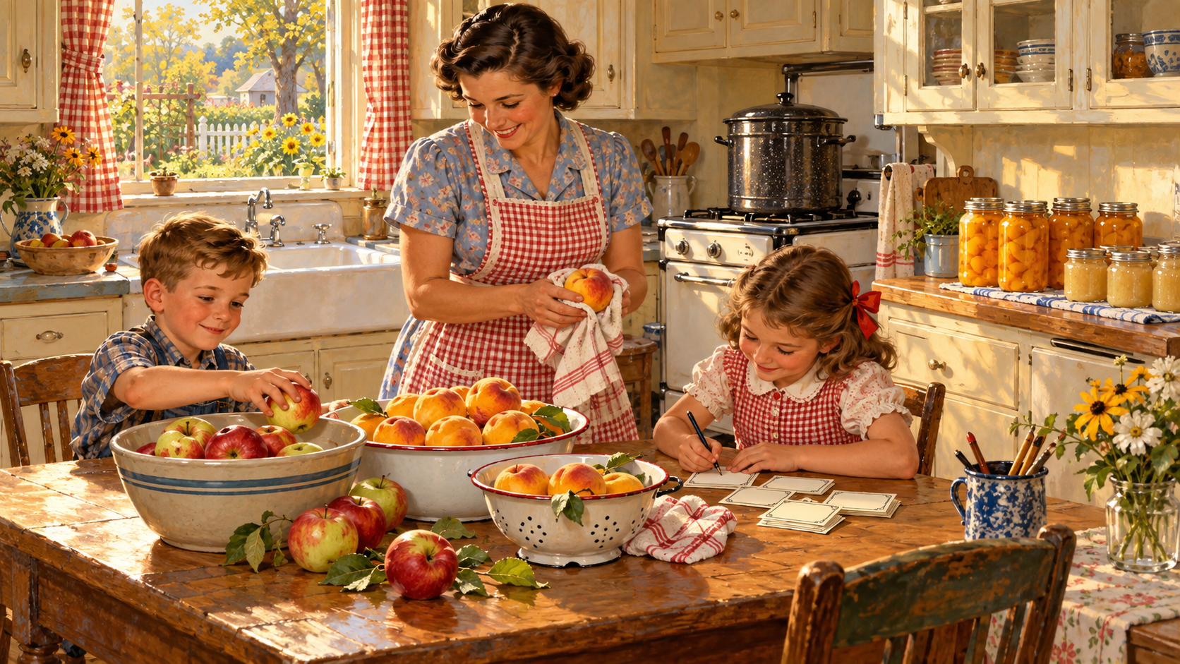A mother and two children sort peaches and apples in a nostalgic 1950s kitchen beside jars of preserved fruit